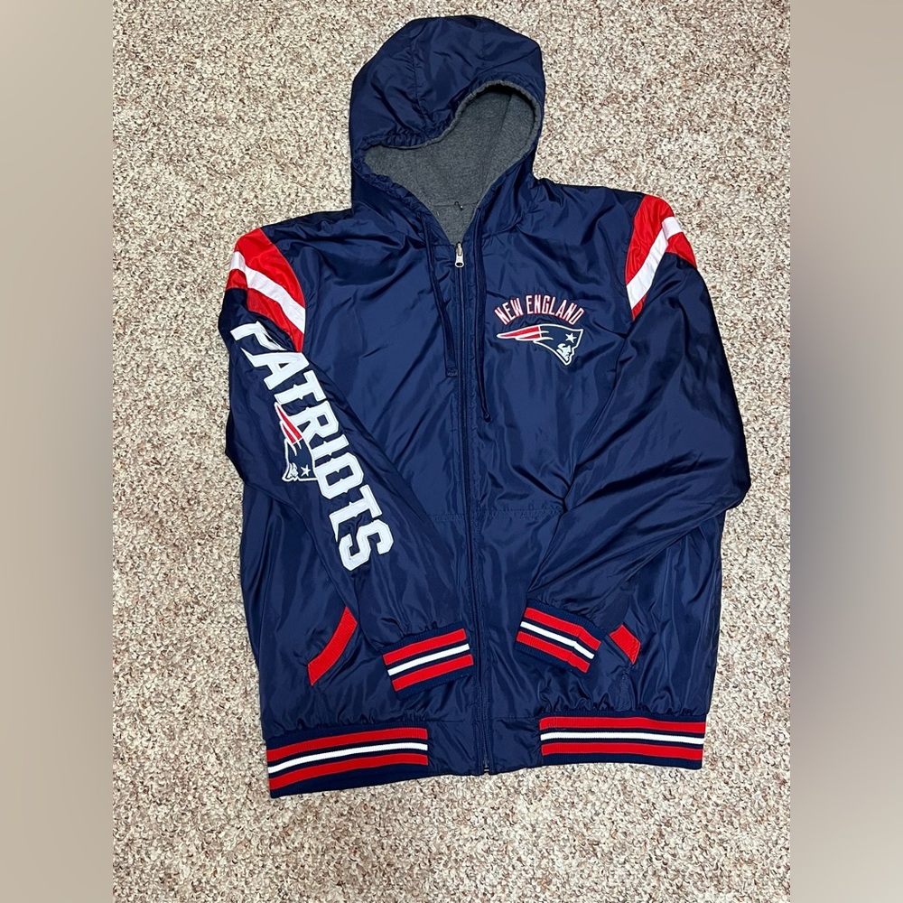 NFL REVERSIBLE New England Patriots Football Hooded Navy Blue Jacket Men's 2XL